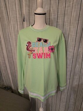 Simply Southern Light Mint Long Sleeve Pullover with Beach Appliqué